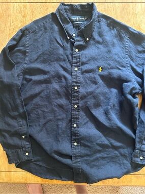 Ralph Lauren Navy Linen Casual Button-Down Shirt
